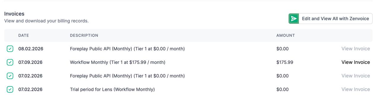 Список инвойсов Foreplay: Workflow Monthly Tier 1 за $175.99 и три инвойса по $0.00 за Foreplay Public API и триал Lens.