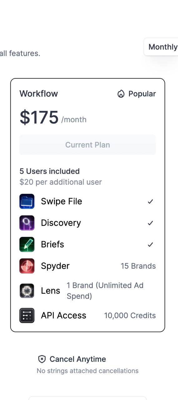 Карточка тарифа Foreplay Workflow за $175 в месяц, отмечен как Current Plan: Swipe File, Discovery, Briefs, Spyder на 15 брендов, Lens на 1 бренд, 10 000 API-кредитов.