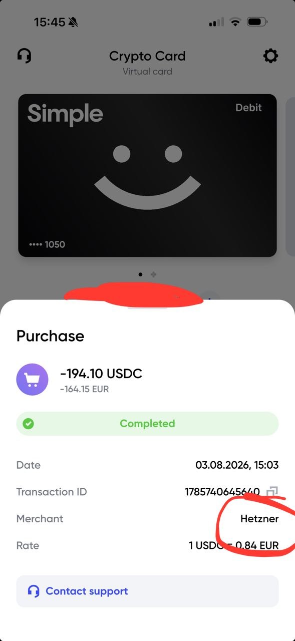 Чек по крипто-карте: списано 194.10 USDC, это 164.15 EUR, статус Completed, 03.08.2026 15:03, мерчант Hetzner, курс 1 USDC = 0.84 EUR.