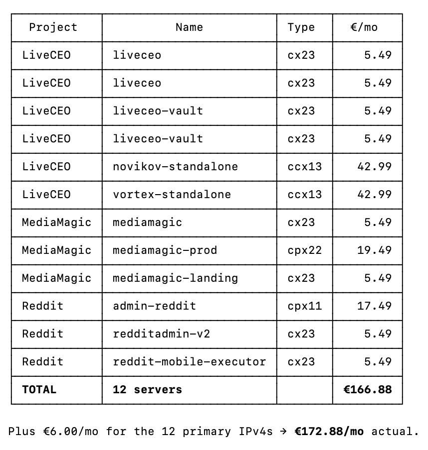 Таблица из 12 серверов Hetzner по проектам LiveCEO, MediaMagic и Reddit с типами инстансов и ценами: итого €166.88 плюс €6.00 за 12 IPv4, всего €172.88 в месяц.