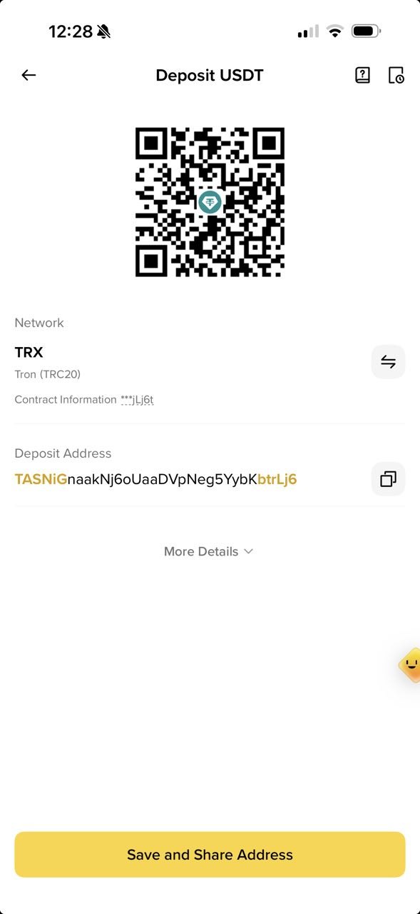 Экран депозита USDT в сети TRX (TRC20) с адресом TASNiGnaakNj6oUaaDVpNeg5YybKbtrLj6 и QR-кодом.